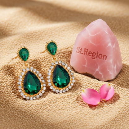 Green Crystal and Cubic Zirconia 18K Gold-Plated Drop Earrings, gold drop earrings for women, detail close-up