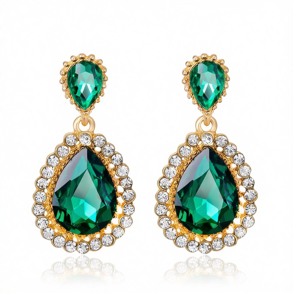 Green Crystal and Cubic Zirconia 18K Gold-Plated Drop Earrings, gold drop earrings for women, elegant gift for her, side view
