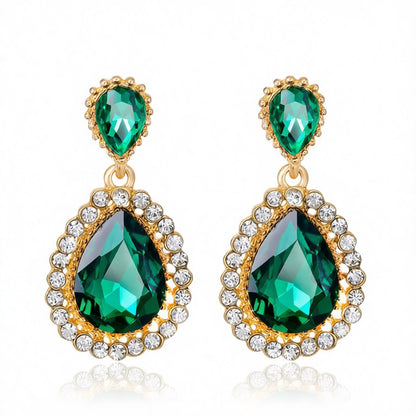 Green Crystal and Cubic Zirconia 18K Gold-Plated Drop Earrings, gold drop earrings for women, elegant gift for her, side view