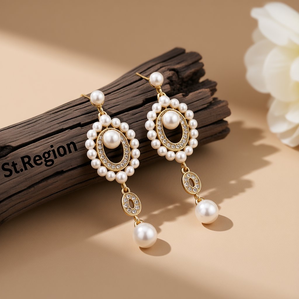 Cubic Zirconia and Pearl 18K Gold-Plated Open Drop Earrings, gold drop earrings for women, botanical inspired, front view