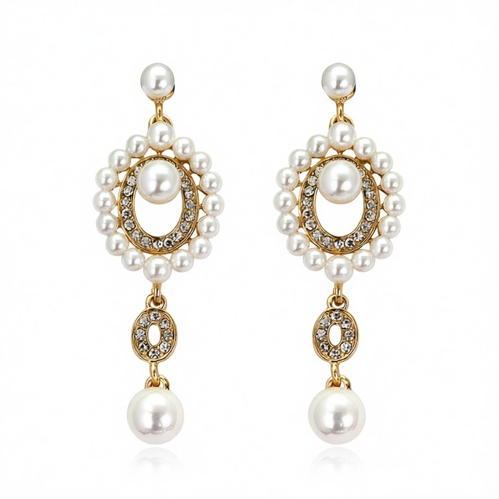 Cubic Zirconia and Pearl 18K Gold-Plated Open Drop Earrings, gold drop earrings for women, botanical inspired, side view