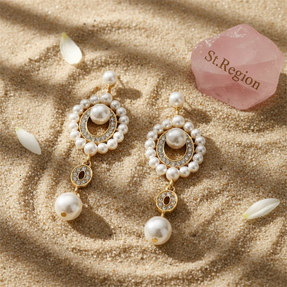 Cubic Zirconia and Pearl 18K Gold-Plated Open Drop Earrings, gold drop earrings for women, detail close-up