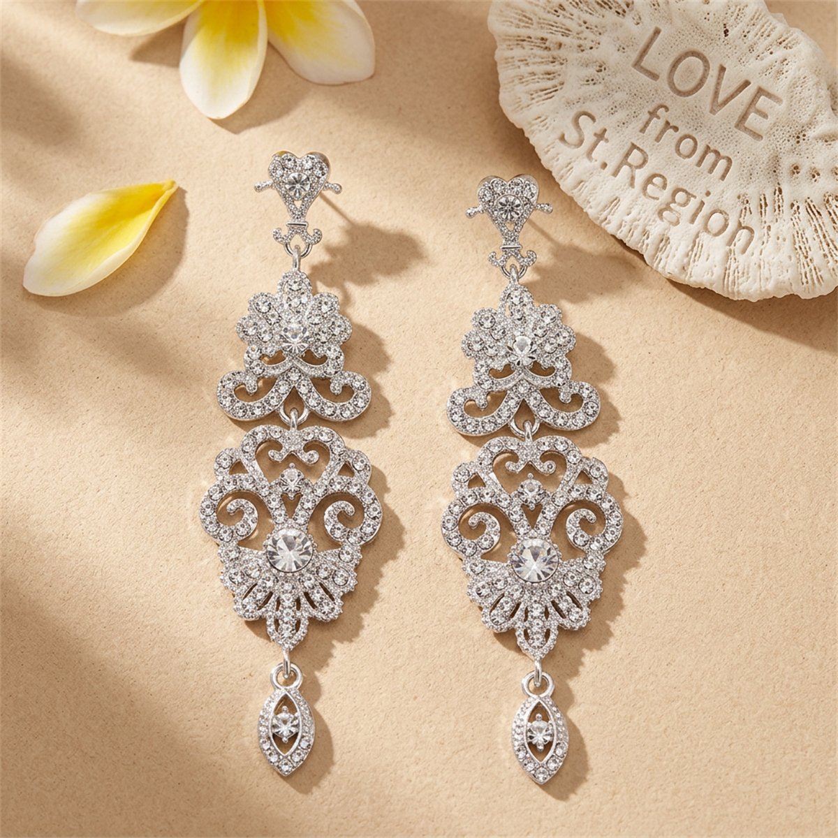Cubic Zirconia and Silver-Plated Ornate Openwork Botany Drop Earrings, silver drop earrings for women, lifestyle look