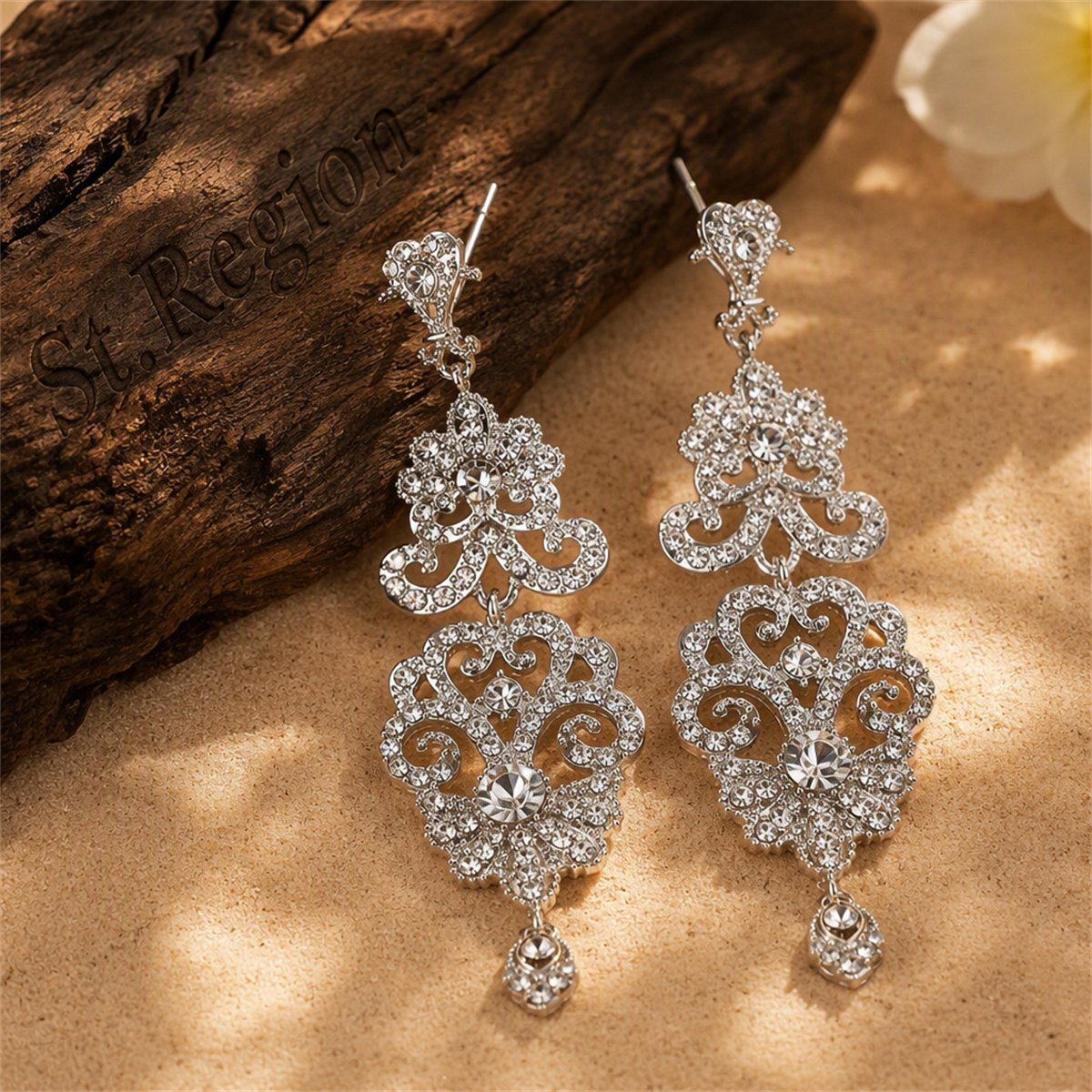 Cubic Zirconia and Silver-Plated Ornate Openwork Botany Drop Earrings, silver drop earrings for women, front view
