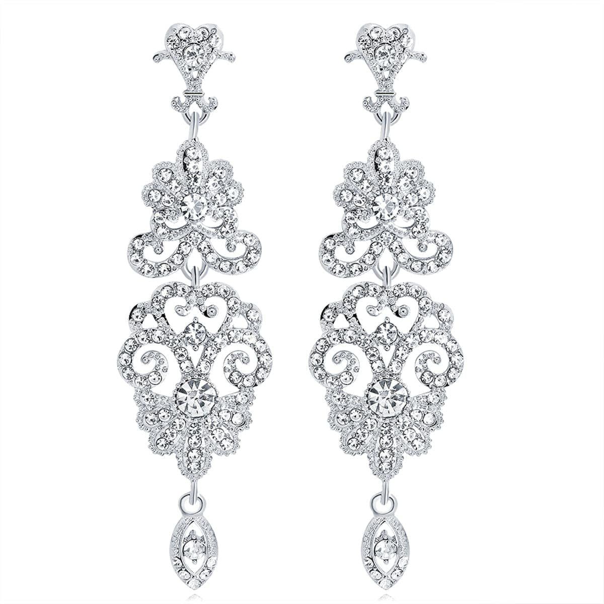 Cubic Zirconia and Silver-Plated Ornate Openwork Botany Drop Earrings, silver drop earrings for women, side view