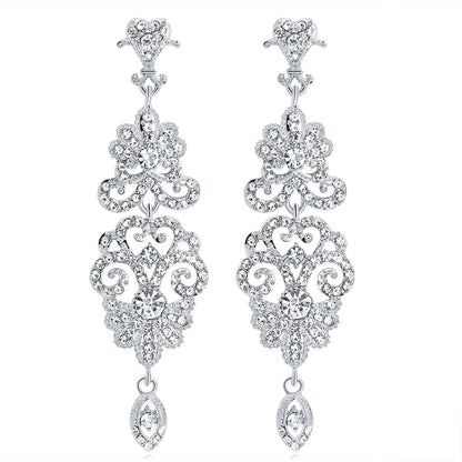Cubic Zirconia and Silver-Plated Ornate Openwork Botany Drop Earrings, silver drop earrings for women, side view