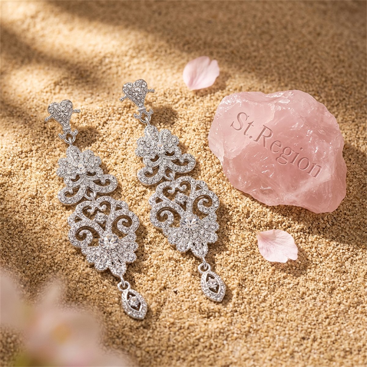 Cubic Zirconia and Silver-Plated Ornate Openwork Botany Drop Earrings, silver drop earrings for women, detail close-up