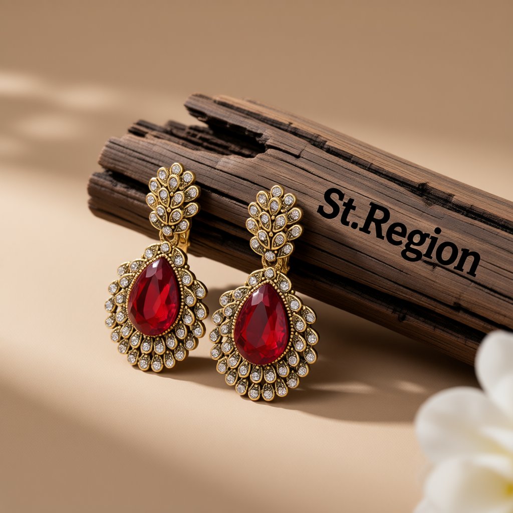 Red Crystal and Cubic Zirconia Ornate Floral Drop Earrings, drop earrings for women, elegant gift for her, front view