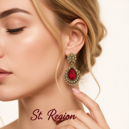 Red Crystal and Cubic Zirconia Ornate Floral Drop Earrings, drop earrings for women, elegant gift for her, styled look