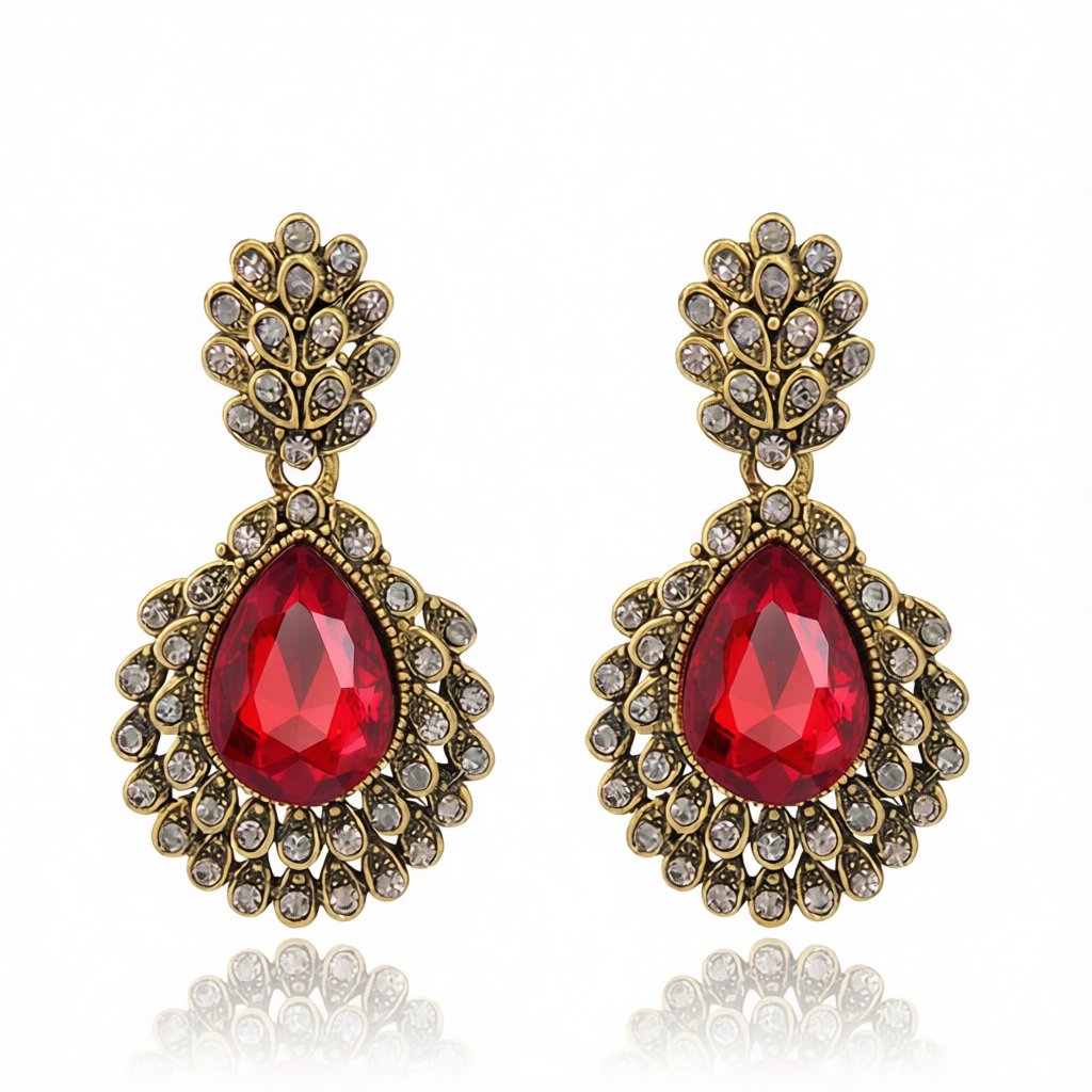 Red Crystal and Cubic Zirconia Ornate Floral Drop Earrings, drop earrings for women, elegant gift for her, side view