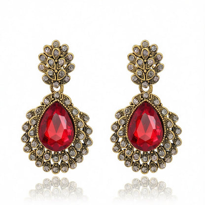 Red Crystal and Cubic Zirconia Ornate Floral Drop Earrings, drop earrings for women, elegant gift for her, side view