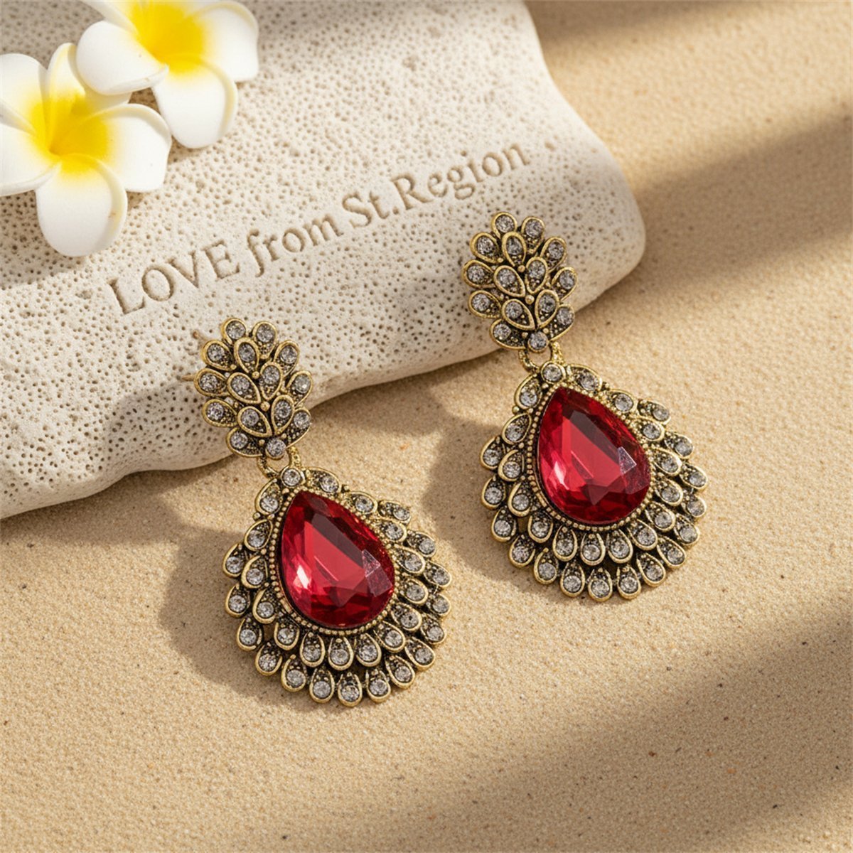Red Crystal and Cubic Zirconia Ornate Floral Drop Earrings, drop earrings for women, lifestyle look
