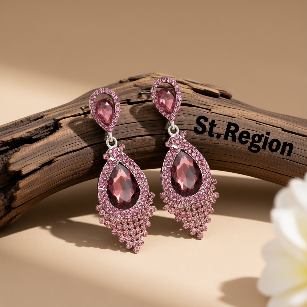 Red Pear Crystal and Cubic Zirconia Drop Earrings, drop earrings for women, elegant gift for her, front view