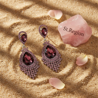 Red Pear Crystal and Cubic Zirconia Drop Earrings, drop earrings for women, elegant gift for her, detail close-up
