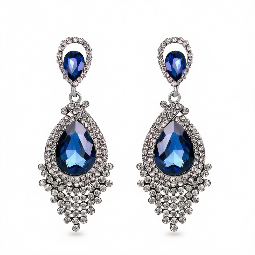 Blue Pear Crystal & Cubic Zirconia Drop Earrings