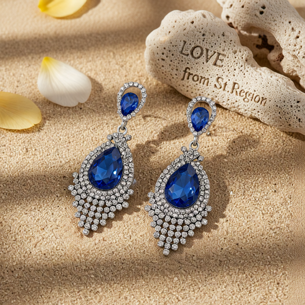 Blue Pear Crystal & Cubic Zirconia Drop Earrings