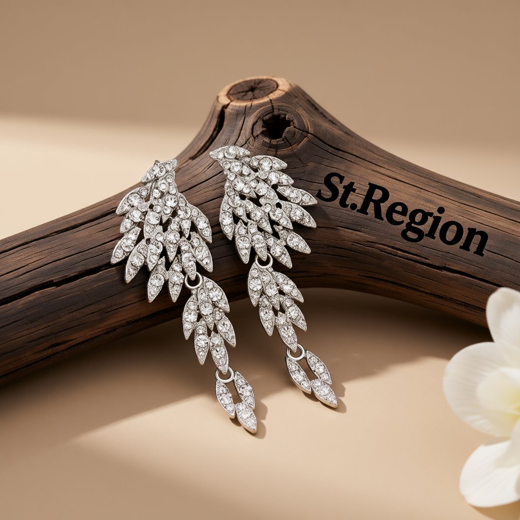 Cubic Zirconia and Silver-Plated Wings Drop Earrings, silver drop earrings for women, elegant gift for her, front view