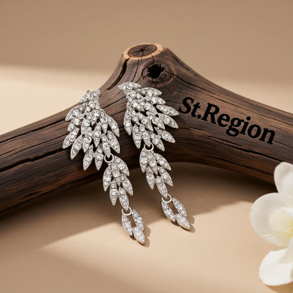 Cubic Zirconia and Silver-Plated Wings Drop Earrings, silver drop earrings for women, elegant gift for her, front view