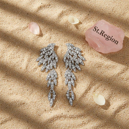 Cubic Zirconia and Silver-Plated Wings Drop Earrings, silver drop earrings for women, elegant gift for her, detail close-up