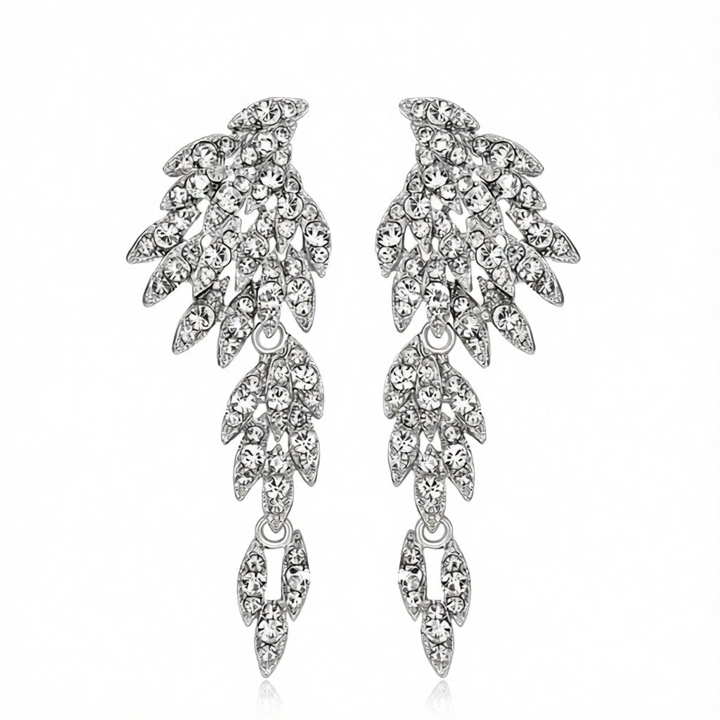 Cubic Zirconia and Silver-Plated Wings Drop Earrings, silver drop earrings for women, elegant gift for her, side view