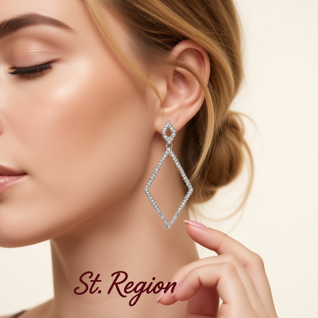 Cubic Zirconia and Silver-Plated Rhombus Open Drop Earrings, silver drop earrings for women, styled look