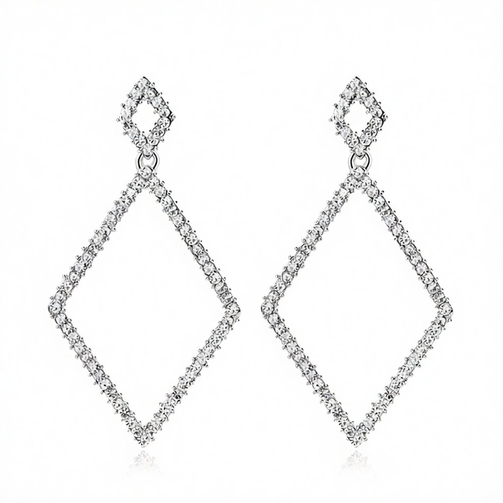 Cubic Zirconia and Silver-Plated Rhombus Open Drop Earrings, silver drop earrings for women, elegant gift for her, side view