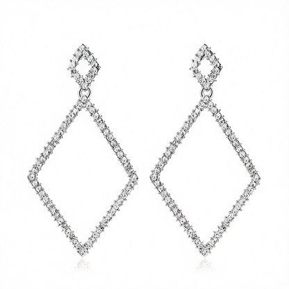 Cubic Zirconia and Silver-Plated Rhombus Open Drop Earrings, silver drop earrings for women, elegant gift for her, side view