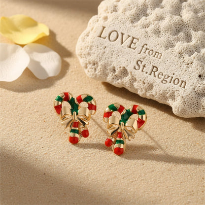 Red Enamel and 18K Gold-Plated Candy Cane Crutch Stud Earrings, cubic zirconia stud earrings for women, lifestyle look