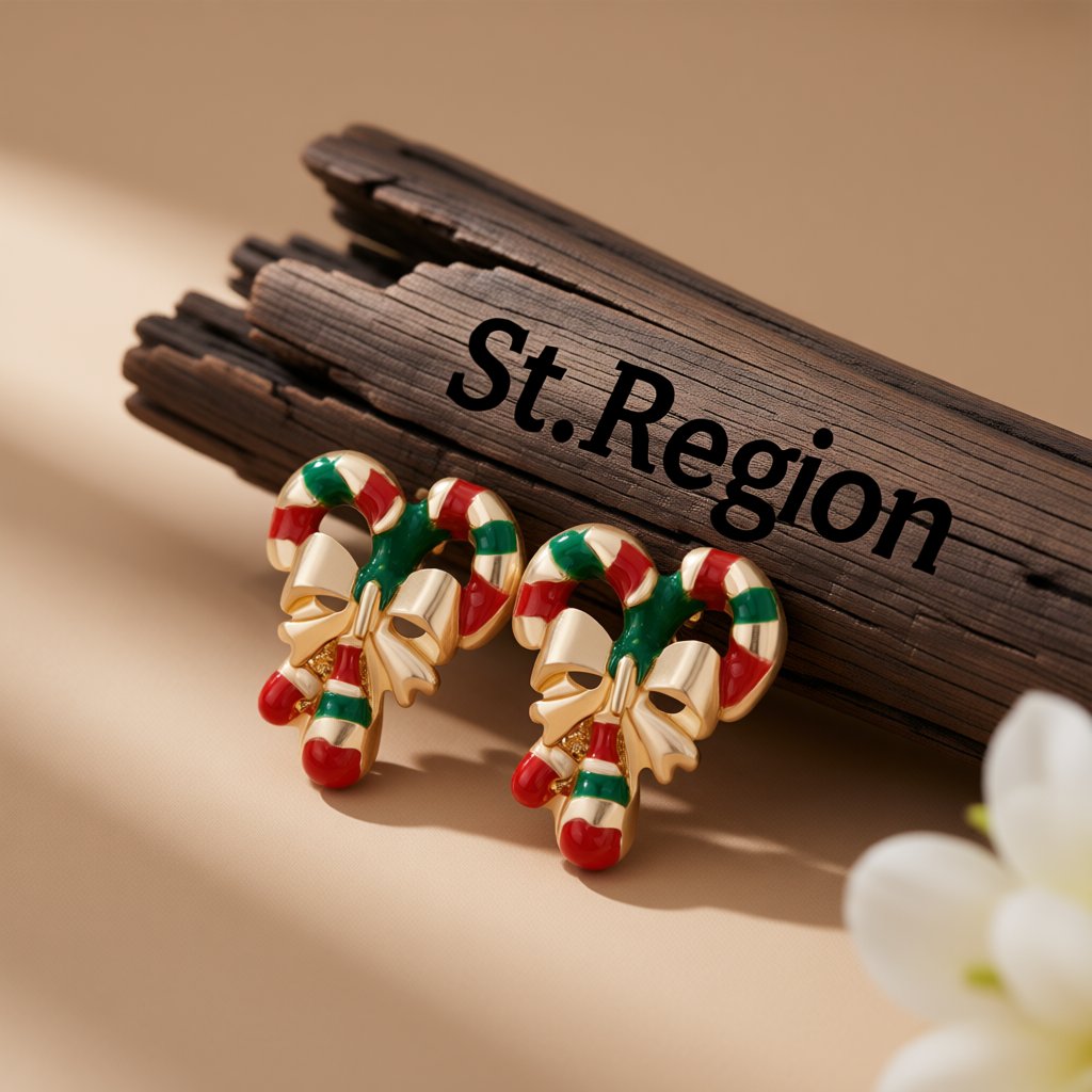 Red Enamel and 18K Gold-Plated Candy Cane Crutch Stud Earrings, cubic zirconia stud earrings for women, front view