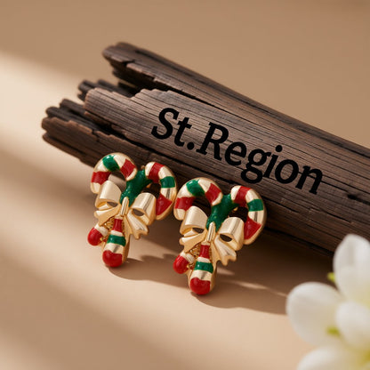 Red Enamel and 18K Gold-Plated Candy Cane Crutch Stud Earrings, cubic zirconia stud earrings for women, front view