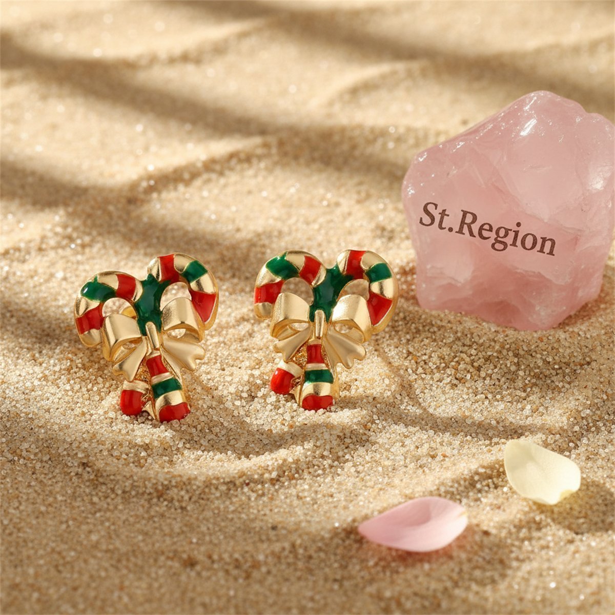 Red Enamel and 18K Gold-Plated Candy Cane Crutch Stud Earrings, cubic zirconia stud earrings for women, detail close-up