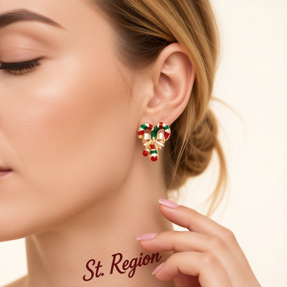 Red Enamel and 18K Gold-Plated Candy Cane Crutch Stud Earrings, cubic zirconia stud earrings for women, styled look