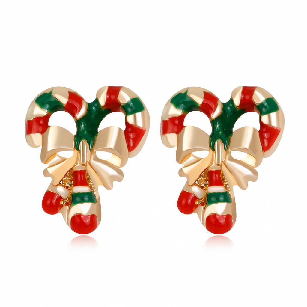 Red Enamel and 18K Gold-Plated Candy Cane Crutch Stud Earrings, cubic zirconia stud earrings for women, side view