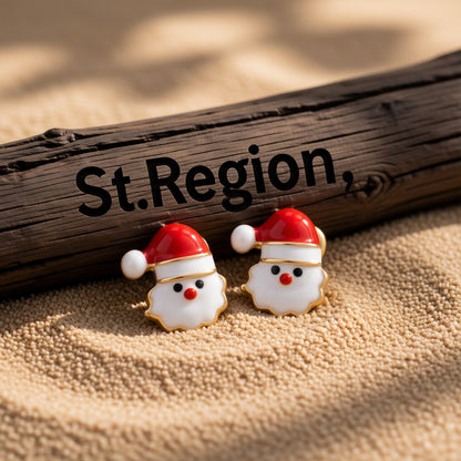 Red Enamel and 18K Gold-Plated Santa Claus Stud Earrings, cubic zirconia stud earrings for women, front view