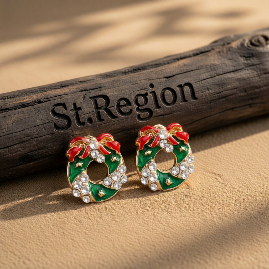 Cubic Zirconia and Enamel 18K Gold-Plated Wreath With Bow Stud Earrings, gold stud earrings for women, front view