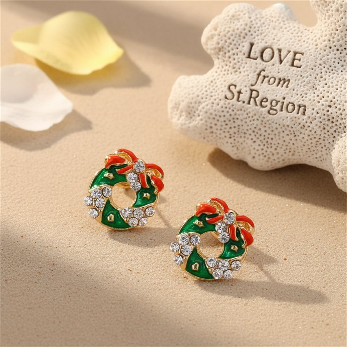Cubic Zirconia and Enamel 18K Gold-Plated Wreath With Bow Stud Earrings, gold stud earrings for women, lifestyle look