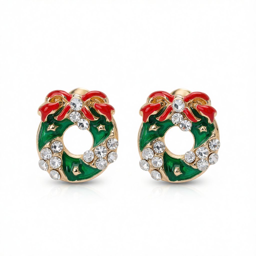 Cubic Zirconia and Enamel 18K Gold-Plated Wreath With Bow Stud Earrings, gold stud earrings for women, side view