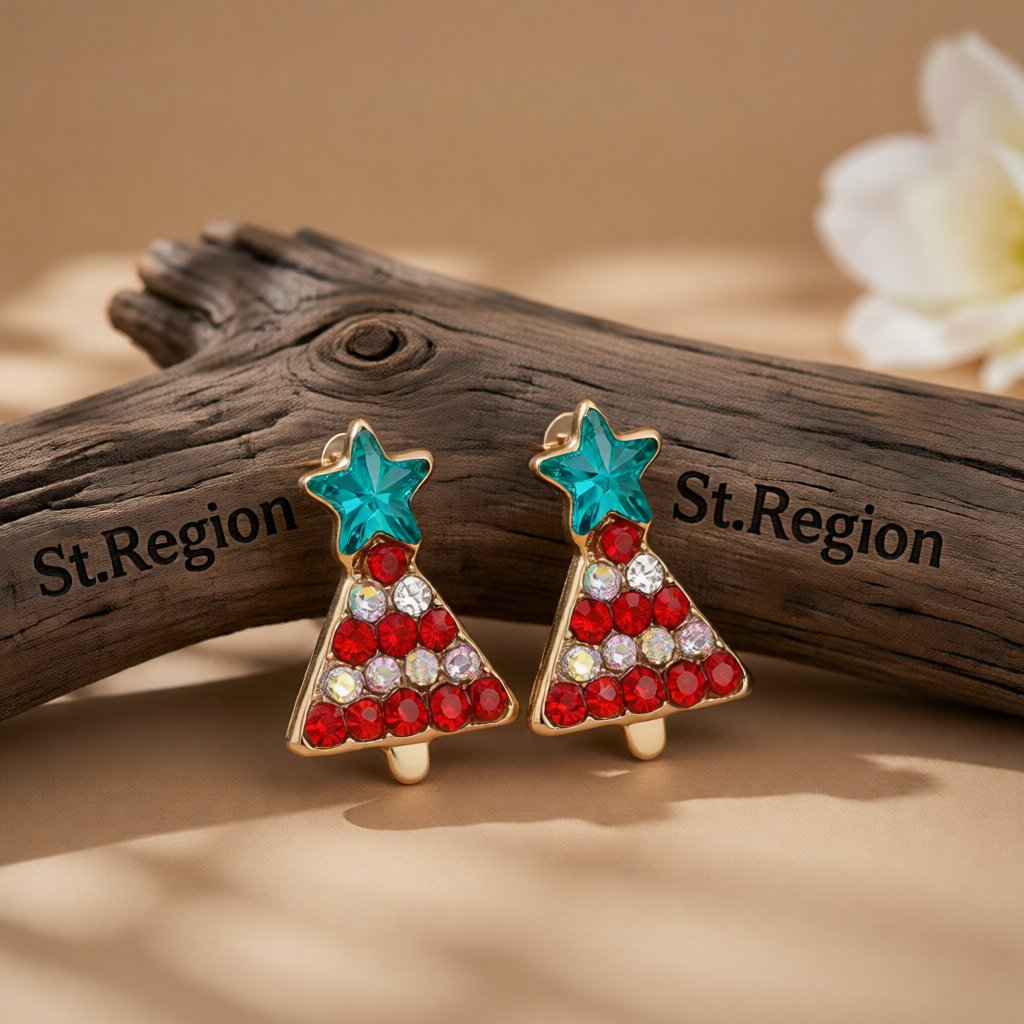 Crystal and Red Cubic Zirconia Christmas Tree and Star Stud Earrings, stud earrings for women, front view
