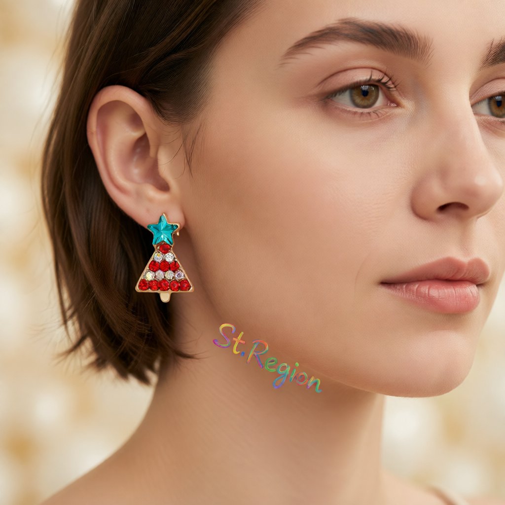 Crystal and Red Cubic Zirconia Christmas Tree and Star Stud Earrings, stud earrings for women, styled look