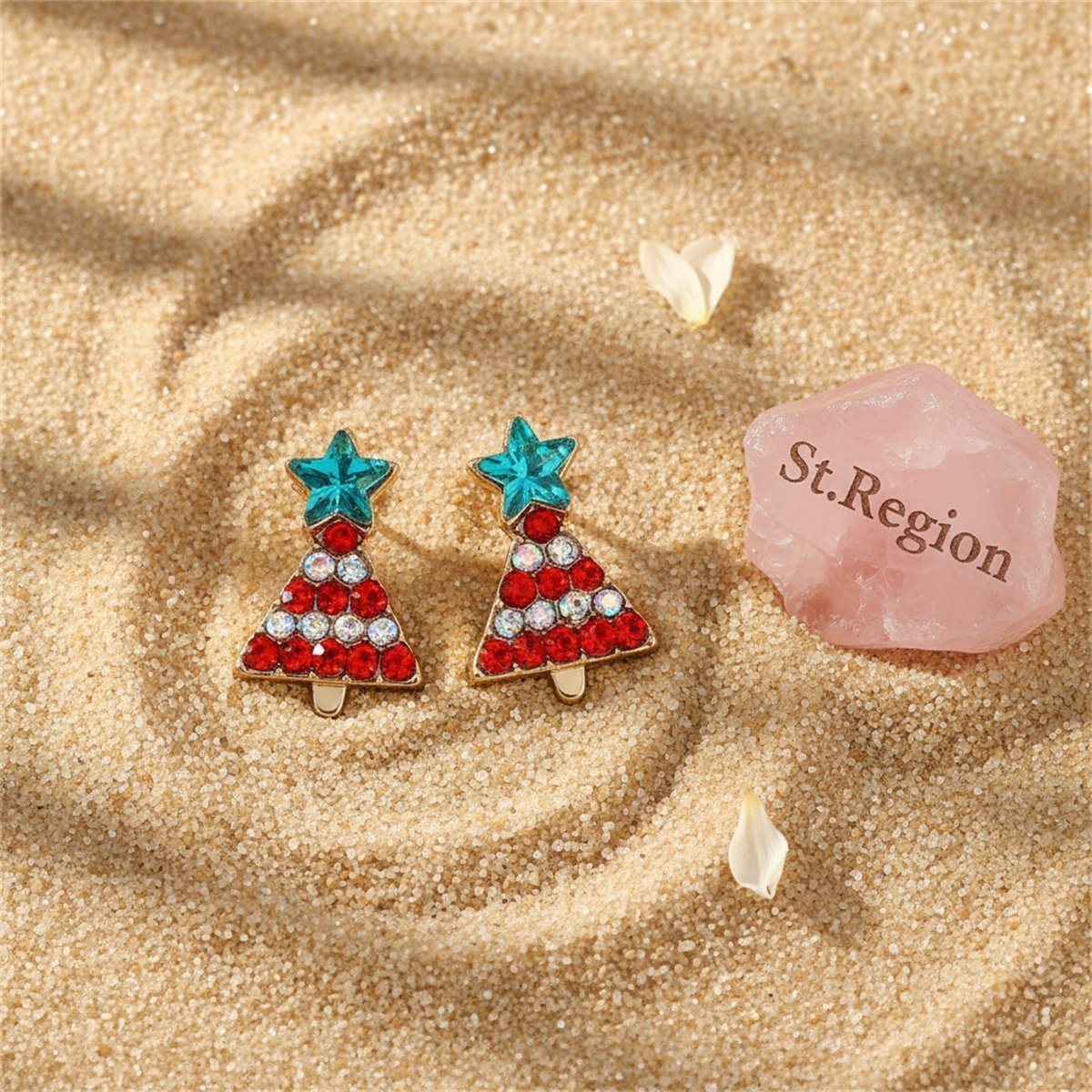 Crystal and Red Cubic Zirconia Christmas Tree and Star Stud Earrings, stud earrings for women, detail close-up