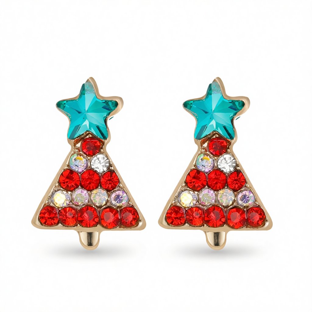 Crystal and Red Cubic Zirconia Christmas Tree and Star Stud Earrings, stud earrings for women, side view