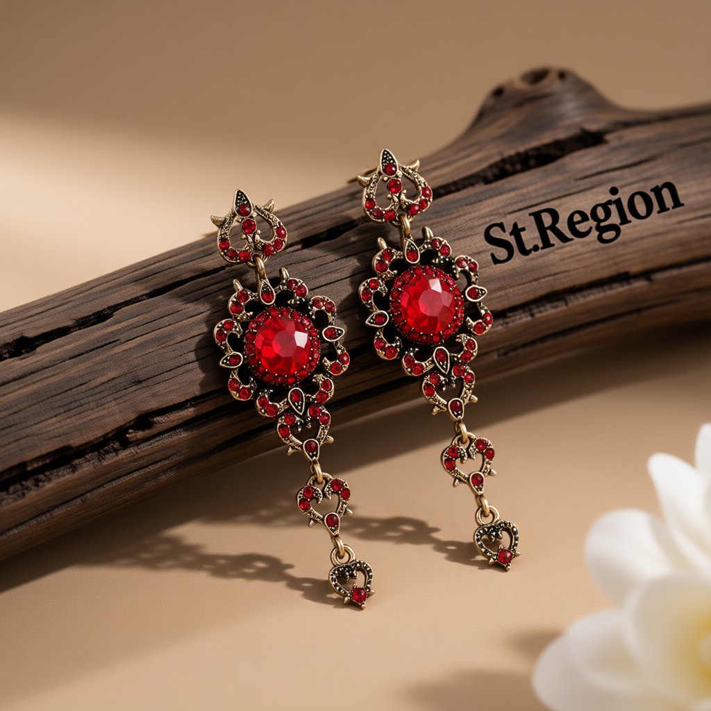 Red Crystal and Cubic Zirconia Flower Heart Drop Earrings, drop earrings for women, everyday style, front view