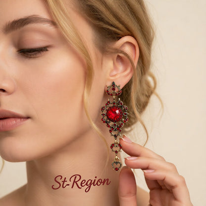 Red Crystal and Cubic Zirconia Flower Heart Drop Earrings, drop earrings for women, everyday style, styled look