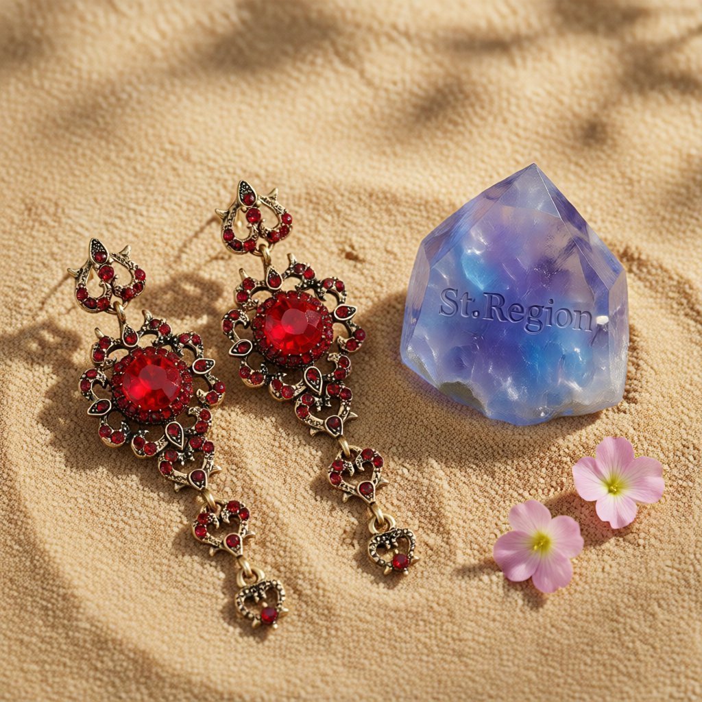Red Crystal and Cubic Zirconia Flower Heart Drop Earrings, drop earrings for women, everyday style, detail close-up