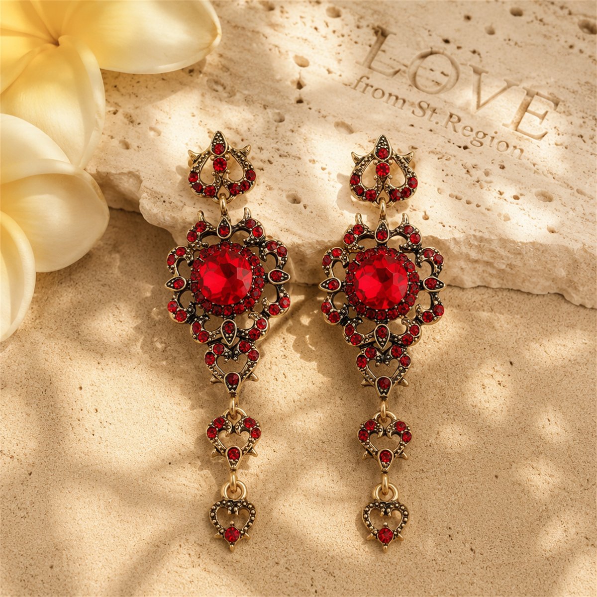 Red Crystal and Cubic Zirconia Flower Heart Drop Earrings, drop earrings for women, everyday style, lifestyle look