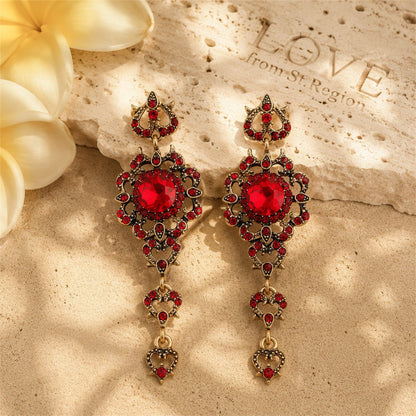 Red Crystal and Cubic Zirconia Flower Heart Drop Earrings, drop earrings for women, everyday style, lifestyle look
