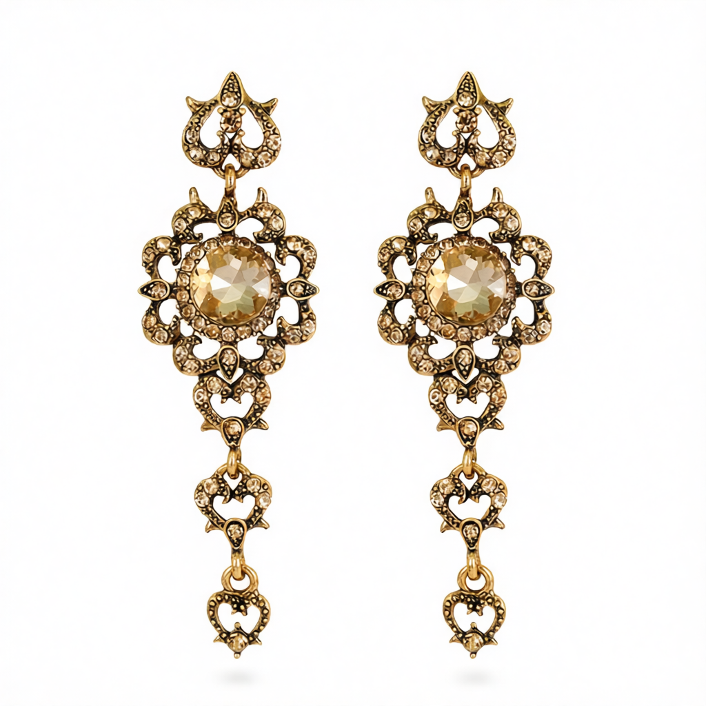 Champagne Crystal & Cubic Zirconia Flower Heart Drop Earrings