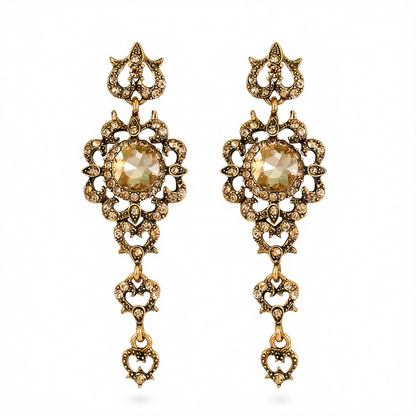 Champagne Crystal & Cubic Zirconia Flower Heart Drop Earrings