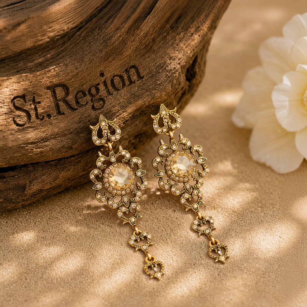 Champagne Crystal & Cubic Zirconia Flower Heart Drop Earrings