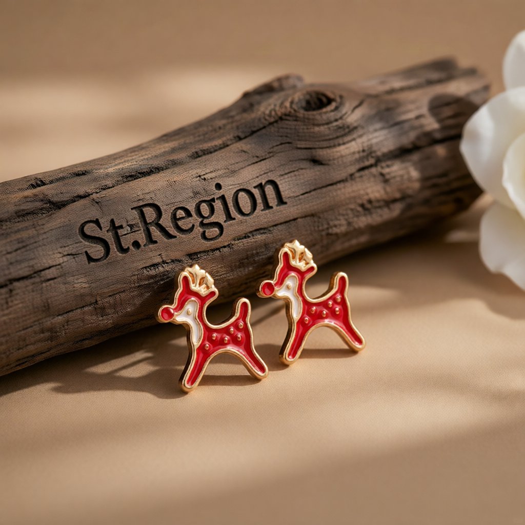 Cubic Zirconia and Enamel 18K Gold-Plated Red Nose Reindeer Stud Earrings, gold stud earrings for women, front view